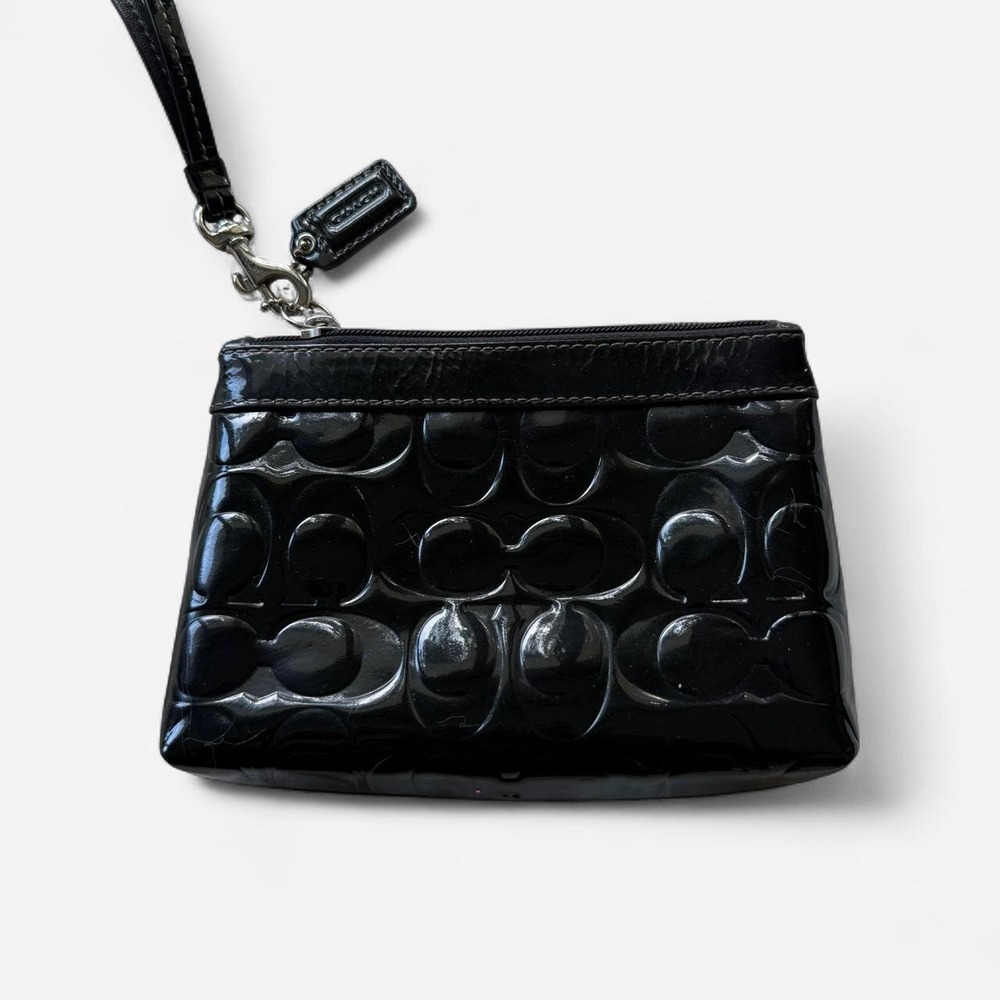 Coach Black Patent Signature Wristlet Pouch, Embossed Logo Zip Clutch